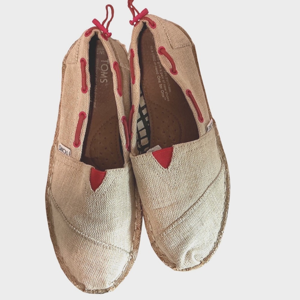 TOMS Bimini Beige Burlap Red Cord Boat Shoe Slip On Loafers Women's 7.5 - Picture 2 of 7